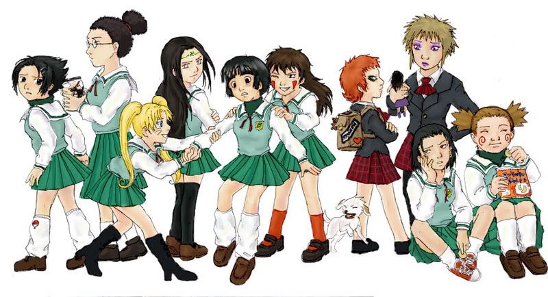 Sasuke, Shino, Naruto, Neji, Lee, Kiba, Gaara, Kankuro, Shikamaru, and Choji as girls