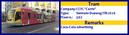CCFL Carris Articulated tram Siemens Duewag ITB1616 Fleet number 502 Coca-Cola advertising