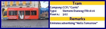 CCFL Carris Articulated tram Siemens Duewag ITB1616 Fleet number 502 Emirates advertising