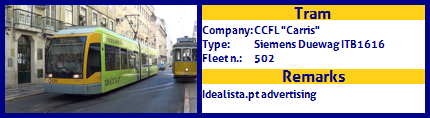 CCFL Carris Articulated tram Siemens Duewag ITB1616 Fleet number 502 idealista.pt advertising