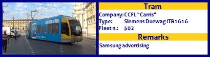 CCFL Carris Articulated tram Siemens Duewag ITB1616 Fleet number 502 Samsung advertising