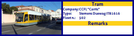CCFL Carris Articulated tram Siemens Duewag ITB1616 Fleet number 502