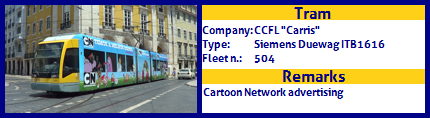 CCFL Carris Articulated tram Siemens Duewag ITB1616 Fleet number 504 Cartoon Network advertising