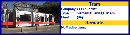 CCFL Carris Articulated tram Siemens Duewag ITB1616Fleet number  504 H&M advertising