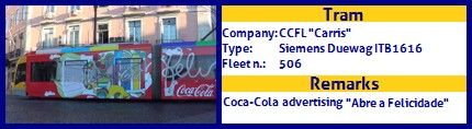 CCFL Carris Articulated tram Siemens Duewag ITB1616 Fleet number 506 Coca-Cola Abre a felicidade Advertising