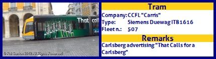 CCFL Carris Articulated tram Siemens Duewag ITB1616 Fleet number 507 Carlsberg  Advertising