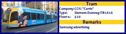 CCFL Carris Articulated tram Siemens Duewag ITB1616 Fleet number 510 Samsung advertising