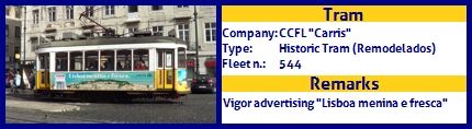 CCFL Carris Historic Tram Fleet number 544 Vigor Lisboa menina e fresca advertising