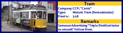 CCFL Carris Historic Tram Fleet number 548 Jameson advertising Triple Distilled twice as smooth yellow front