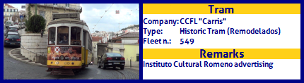 CCFL Carris Historic Tram Fleet number 549 Instituto Cultural Romeno advertising