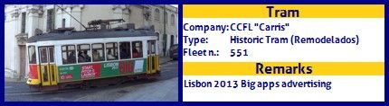 CCFL Carris Historic Tram Fleet number 551 Lisbon 2013 Big Apps Advertising