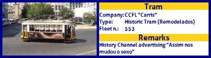 CCFL Carris Historic Tram fleet number 553 History Channel Assim nos Mudou o Sexo advertising