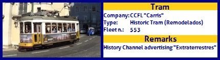 CCFL Carris Historic Tram fleet number 553 History Channel Extraterrestres advertising
