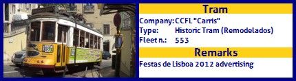 CCFL Carris Historic Tram fleet number 553 Festas de Lisboa 2012 advertising