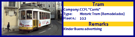 CCFL Carris Historic Tram Fleet number 553 Kinder Bueno advertising.