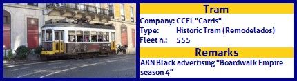 CCFL Carris Historic Tram fleet number 555 AXN Black Boardwalk Empire season 4 advertising