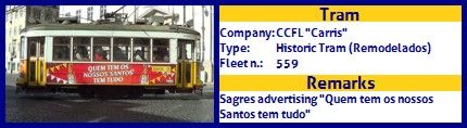 CCFL Carris Historic Tram fleet number 559 Sagres Quem tem os nossos Santos tem tudo advertising