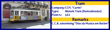 CCFL Carris Historic Tram Fleet number 562 C.C.B. advertising 
