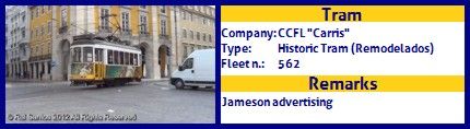 CCFL Carris Historic Tram fleet number 562 Jameson Advertising