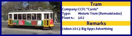 CCFL Carris Historic Tram fleet number 562 Lisbon 2013 Big Apps Advertising