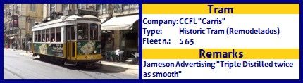 CCFL Carris Historic Tram fleet number 565 Jameson Triple Distilled twice as smooth advertising