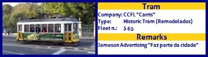 CCFL Carris Historic Tram fleet number 565 Jameson Faz parte da cidade advertising