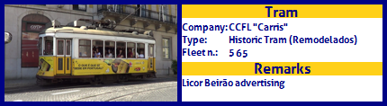 CCFL Carris Historic Tram Fleet number 565 Licor Beirão advertising 