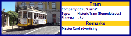 CCFL Carris Historic Tram Fleet number 567 Master Card Advertising