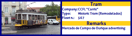 CCFL Carris Historic Tram Fleet number 567 Mercado de Campo de Ourique advertising 