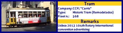 CCFL Carris Historic Tram fleet number 568 Lisboa 2013 104th Rotary international convention advertising