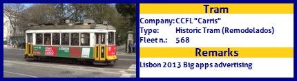 CCFL Carris Historic Tram fleet number 568 Lisbon 2013 Big Apps advertising