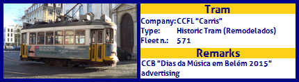 CCFL Carris Historic Tram Fleet number 571 CCB Dias da Musica em Belém 2015 advertising