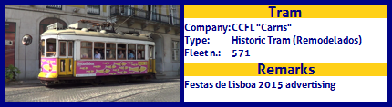 CCFL Carris Historic Tram Fleet number 571 Festas de Lisboa 2015 advertising