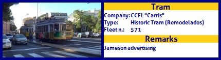 CCFL Carris Historic Tram fleet number 571 Jameson Advertising