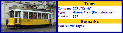 CCFL Carris Historic Tram Fleet number 572 with two Carris logos on the side
