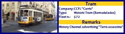 CCFL Carris Historic Tram fleet number 572 History Channel Terra Assassina Advertising