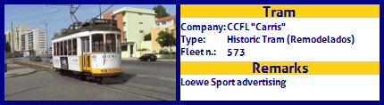 CCFL Carris Historic Tram Fleet number 573 Loewe Sport advertising