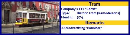 CCFL Carris Historic Tram fleet number 574 AXN Hannibal Advertising