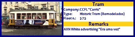 CCFL Carris Historic Tram fleet number 575 AXN White Era uma vez Advertising