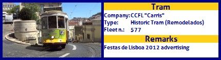 CCFL Carris Historic Tram fleet number 577 Festas de Lisboa 2012 advertising