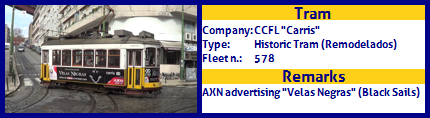 CCFL Carris Historic Tram Fleet number Velas Negras advertising