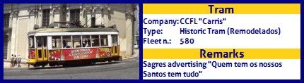 CCFL Carris Historic Tram fleet number 580 Sagres Quem tem os nossos Santos tem tudo advertising