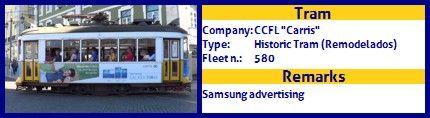 CCFL Carris Historic Tram fleet number 580 Samsung advertising