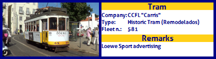 CCFL Carris Historic Tram Fleet number 581 Loewe Sport advertising