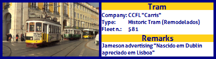 CCFL Carris Historic Tram Fleet number 581 Jameson advertising