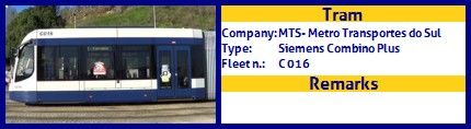 MTS - Metro Transportes do Sul Tram Siemens Combino Plus Fleet number C016