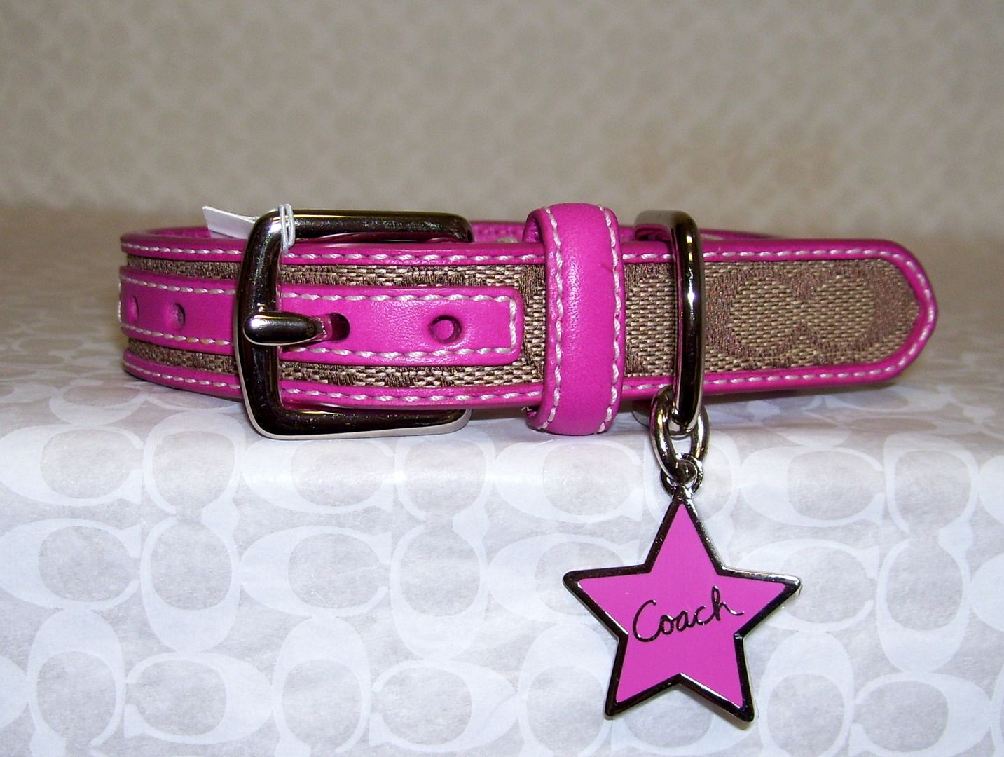 Coach Hot Pink Khaki Signature Dog Collar w Star Charm 61354 Extra Small